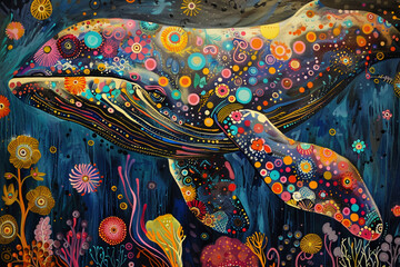 Create an abstract portrayal of marine animals adorned with intricate patterns and vibrant colors,...