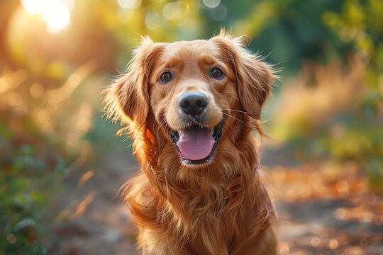 Warm, sun-kissed image of a happy golden retriever with a big smile, surrounded by nature's beauty