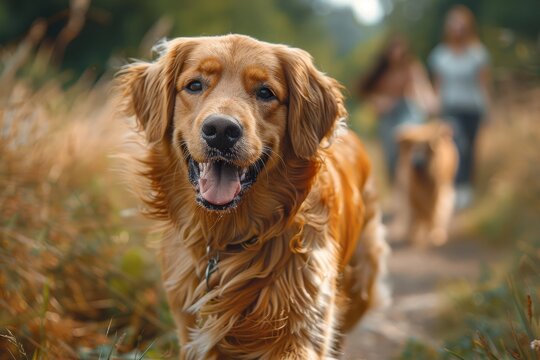 Dynamic image of a golden retriever playing and seemingly smiling, with blurred owners in the background