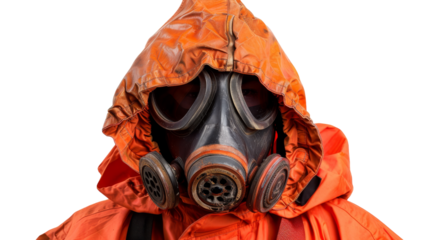 A man in a gas mask and orange jacket stands defiant in a polluted wasteland