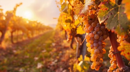 Vineyard in the golden light of sunset, the vibrant colors of autumn and the bounty of ripe grapes...