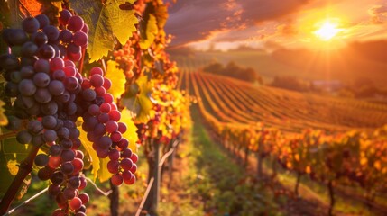 Vineyard in the golden light of sunset, the vibrant colors of autumn and the bounty of ripe grapes ready to be picked - obrazy, fototapety, plakaty
