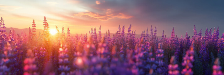Sunset Over a Lavender Meadow in the Mountains