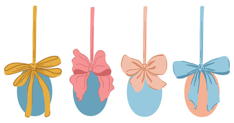 Easter Eggs with Coquette Bow Ribbon. Hanging Easter Egg Garland or Border. Set Aesthetic Colorful Holiday Vector Illustration. Hand Drawn Childish Kids Cartoon Style. Isolated on White Background.