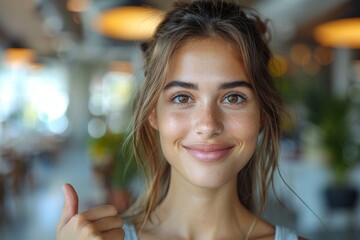 A confident and happy young woman is smiling in a bright indoor setting, giving a thumbs up gesture, displaying approval and satisfaction