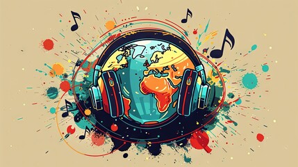 The Earth, adorned with colorful headphones, is surrounded by music notes and symbols, depicting the universal language of music. - obrazy, fototapety, plakaty