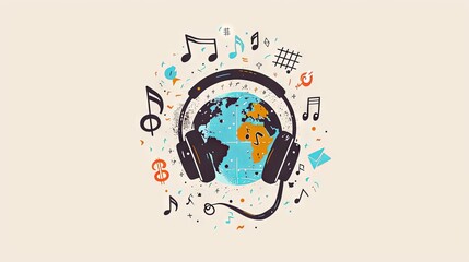 Fototapeta premium The Earth, adorned with colorful headphones, is surrounded by music notes and symbols, depicting the universal language of music.