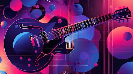 An electric guitar bursts forward with speed, surrounded by neon lines and splashes of color, capturing the energy of rock music.