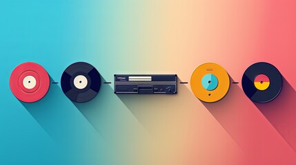 A colorful flat design illustration showcasing a series of retro music equipment and vinyl records.
