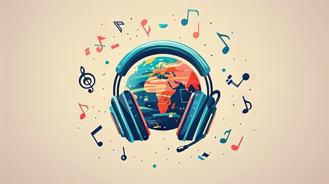The Earth, adorned with colorful headphones, is surrounded by music notes and symbols, depicting the universal language of music.
