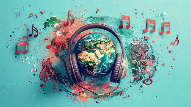 The Earth, adorned with colorful headphones, is surrounded by music notes and symbols, depicting the universal language of music.