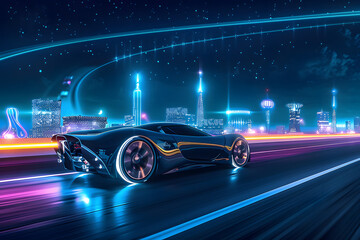 Futuristic-looking racing game on PC, console, or virtual reality. Sleek sports car racing fast in a neon city. - obrazy, fototapety, plakaty