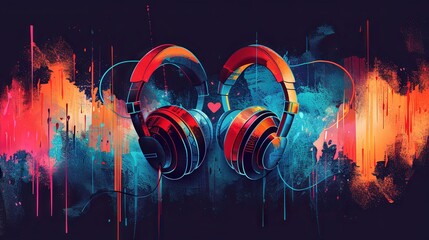 A creative concept of colorful headphones transformed into blooming flowers against a vivid gradient background, blending technology and nature. - obrazy, fototapety, plakaty