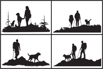 Vector silhouette of man with dog white background