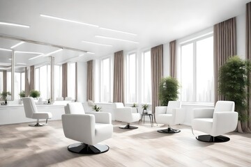 White modern beauty salon with armchairs, panoramic window. Mock up wall