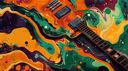 A classic electric guitar blends into a vibrant whirlpool of psychedelic colors, symbolizing a fusion of music and visual art. - obrazy, fototapety, plakaty