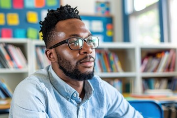 African American male teacher thoughtfully looking to the side in a classroom setting.
