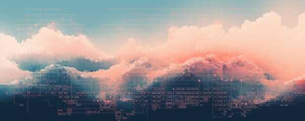 Coral animation of glitched looping binary codes over fog-covered background pattern banner with copy space 