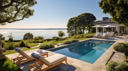 Obraz premium Mediterranean inspired villa with a sprawling garden and a private beach access in the exclusive Hamptons, New York