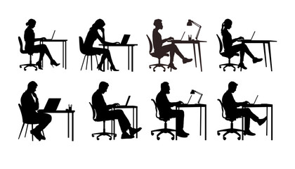 Set of silhouette of people working on laptop at desk - vector illustration
