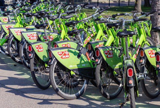 Budapest, Hungary - April 23, 2023: A picture of multiple MOL Bubi bikes in Budapest.