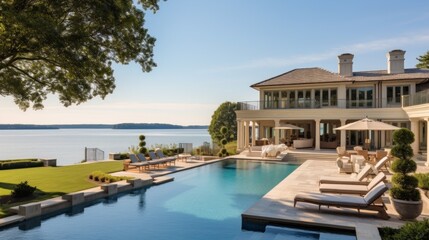 Fototapeta premium Mediterranean inspired villa with a sprawling garden and a private beach access in the exclusive Hamptons, New York