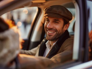 A driver-partner welcoming passengers into their vehicle with a smile