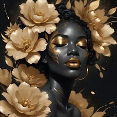 woman with flower , Black woman  with dark skin  and curly black hair , surrounded by white and gold flowers, with gold accents on her face and shoulder, against a dark background