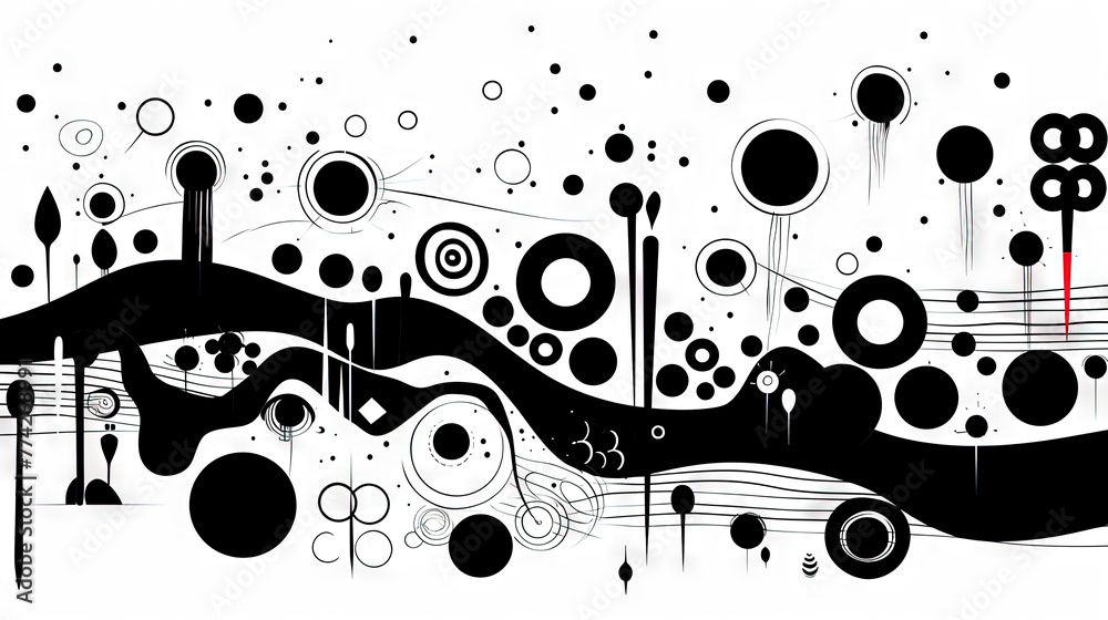 Poster geometric abstract background with black dots, circles and lines.