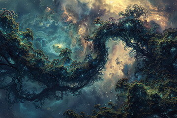 Design a surreal landscape where abstract celestial beings tend to ethereal plants, their delicate...
