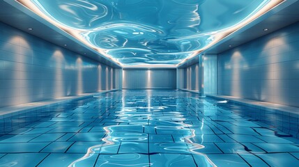 Blue tiles line the pool beneath a ceiling mirroring the water's surface.