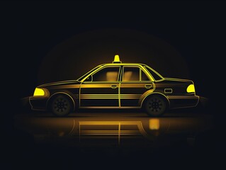 Illustration of a glowing taxi car in darkness on black background