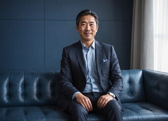 Japanese Businessman in Modern Office. East Asian Portrait, Success Defined. Japanese Business Leader in nevy blue