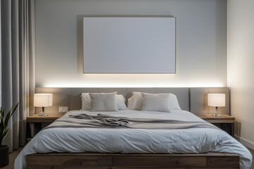 Bedroom interior with empty picture frame and subtle lighting