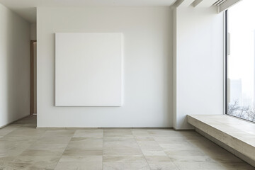 Minimalist lobby with white canvas and concrete bench