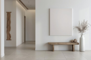 Fototapeta na wymiar Serene hallway with artwork space, wooden bench, and vase