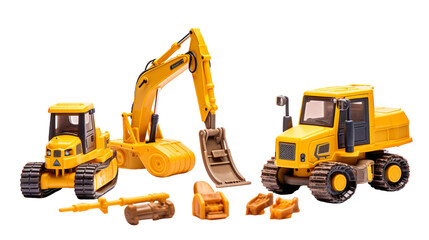 A bright yellow toy truck sits alongside a bulldozer in a playful scene
