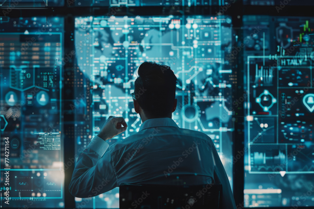 Poster a man is looking at a computer screen with a map of the world on it