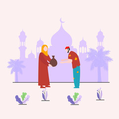 Young Muslim woman giving money to homeless people