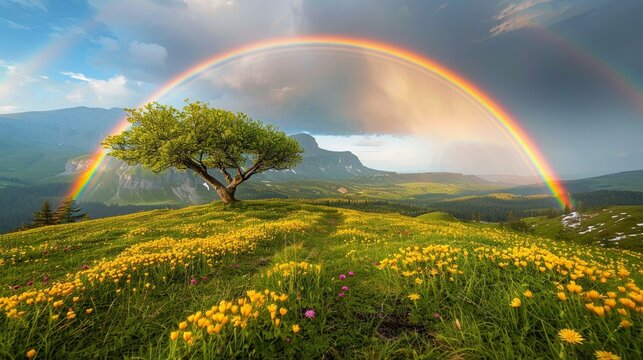 The splendor of a fairy tale realm under a rainbow’s embrace