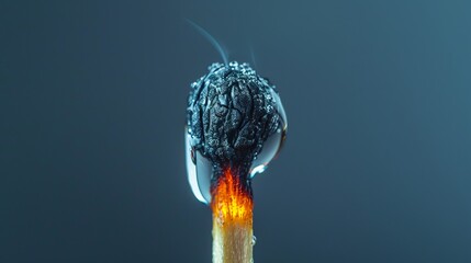 A burned match macro, a whole match with a drop of water, and the idea of putting out a fire - obrazy, fototapety, plakaty