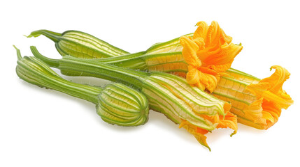Flowering baby zucchini or courgette, isolated on transparent.