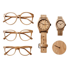 Wristwatches, wall clock and eyeglass frames made from wood isolated on transparent background, cut out, png