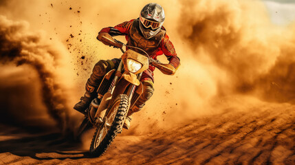 A motocross racer kicks up a cloud of dust as he races through a barren desert.