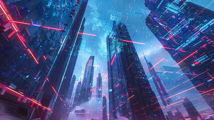 An image portraying a futuristic urban network, with digital information streams zipping between...