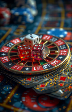 Casino theme. High contrast image of casino roulette poker game dice game poker chips on gaming table all on colorful bokeh background.