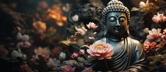 The serene garden is adorned with a tranquil statue of Buddha, creating a peaceful and spiritual atmosphere