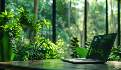 Laptop and green plants on table