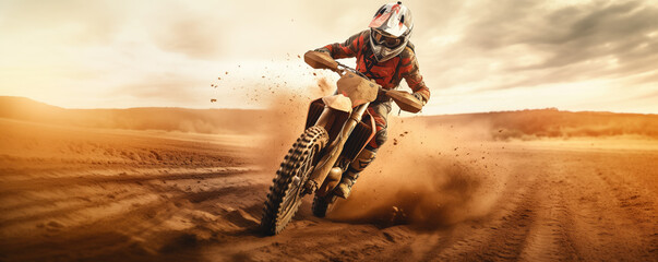 A motocross racer kicks up a cloud of dust as he races through a barren desert. - obrazy, fototapety, plakaty