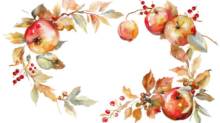 watercolor frame with colorful autumn leaves, apples and  rowan berries on transparent background. - obrazy, fototapety, plakaty